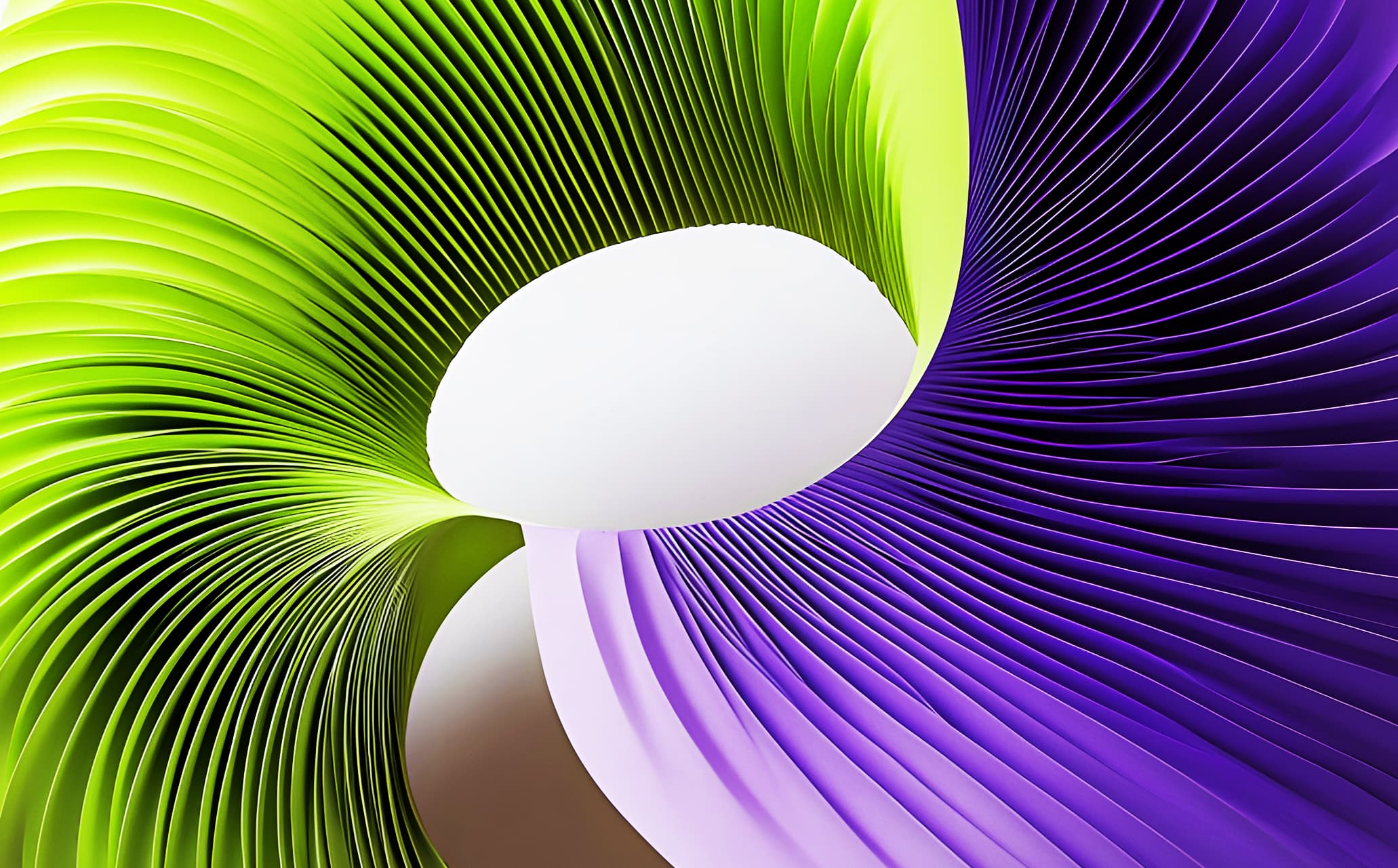 AI-generated abstract object in purple and lime yellow, consisting of slats